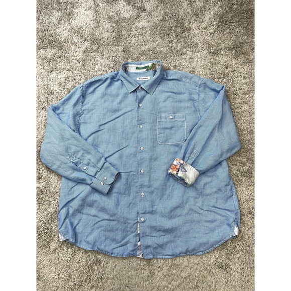 Tommy Bahama Shirt Mens 2XL Big Blue Striped Linen Tencel Long Sleeve Button Up - Picture 1 of 12